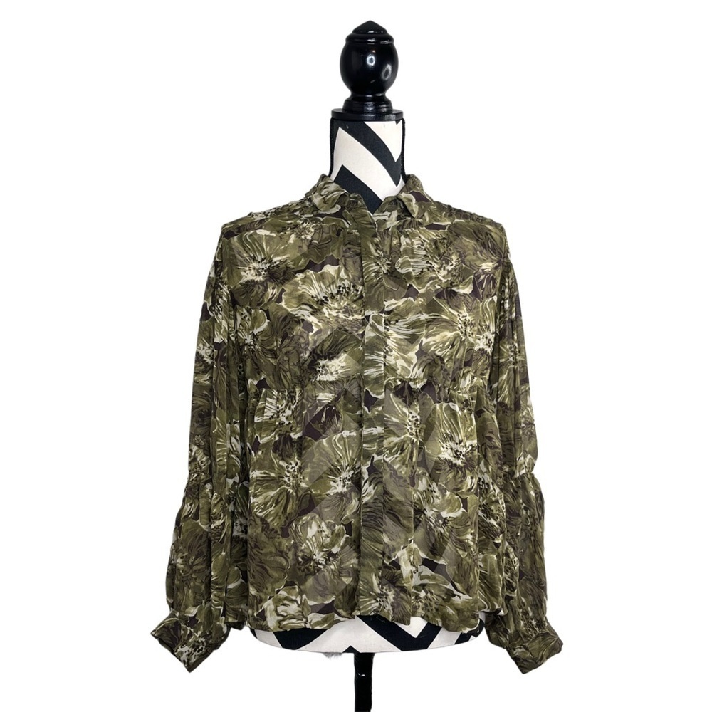 Michael Kors 100% Silk Sz 8 Floral Safari Botanical Babydoll Button Front Blouse
